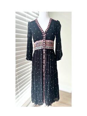 Anthropologie Black Polka Dot Midi Dress with Pink Embroidered Waistband
